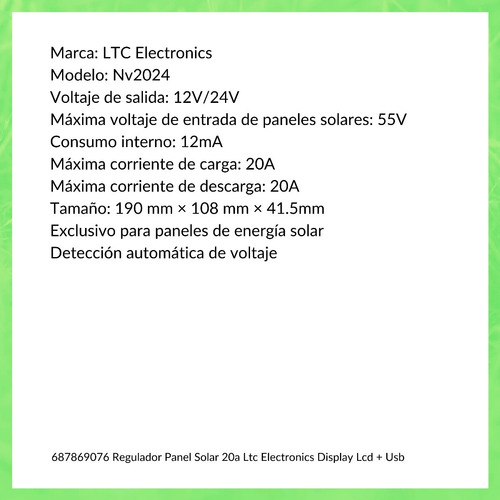 Imagen 2 de 10 de Regulador Panel Solar 20a Ltc Electronics Display Lcd + Usb