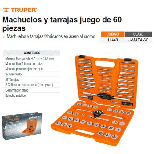 Juego Machos Y Terrajas Cojinetes 60 Piezas Truper Set Jmata