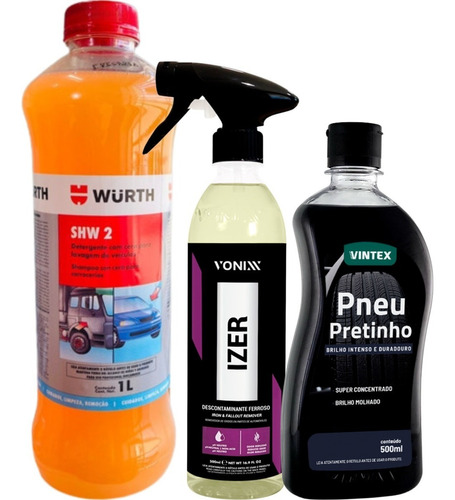 Kit Limpa Rodas Descontaminante Ferroso Izer Vonixx 500ml + Shampoo Com Cera Wurth 1l + Pneu Pretinho Vonixx 500ml