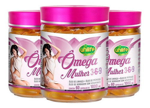 Kit 3 Ômega 3 1000mg Mulher 3-6-9  Unilife 60 Cápsulas Sabor Sem Sabor