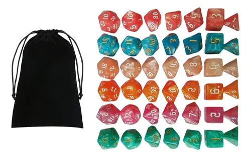 Set De 42 Dados Poliédricos De Yellow Mountain Imports, 6 Colores Vibrantes Con D4, D6, D8, D10, D12, D20 Y D%, Bolsa De Terciopelo Incluida, Ideal Para DND, MTG Y Juegos De Rol