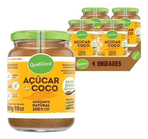 Açucar De Coco Qualicoco 280g (4 Vidros) Kit Pote Qualicoco