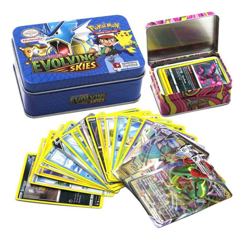 Kit 40 Cards Pokemon Cartas, Cartinhas Caixa Metalizada