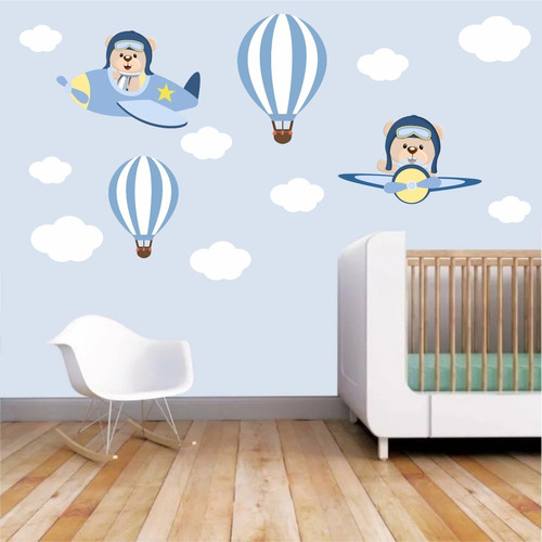 Adesivos Parede Infantil Urso Aviador Balões Balão Nuvens