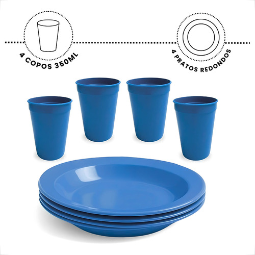 Kit Refeição 4 Pratos + 4 Copos 350ml Para Merenda Cozinha