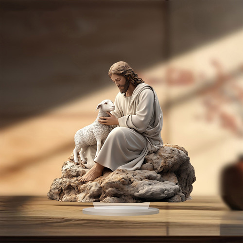 Figuras Religiosas Y Pequeñas Ovejas Sentadas Sobre Una Pied