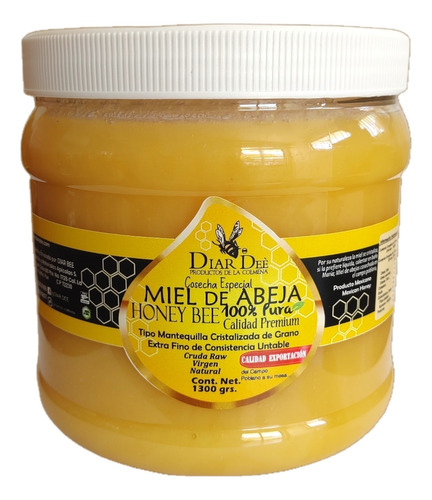 Miel De Abeja Cruda, 100%  Pura 1300 Gr= 1.3 Kg Diar Dee