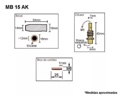 Bico Difusor Bocal Tocha Solda Mig 0.8mm 130 V8 15ak S/ Gás