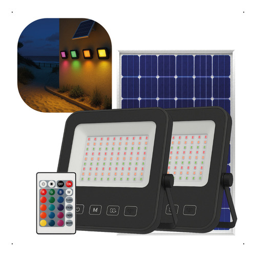 Kit 2 Refletor Solar Rgb A Prova D'agua 500w Com Placa Solar