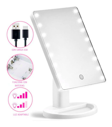 Espejo Para Maquillaje Luz Led Recargable Touch