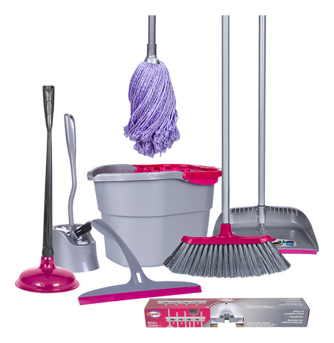Reynera Combo De Limpieza Para El Hogar: Escoba, Mop Microfibra, Cubeta Con Exprimidor, Bomba, Cepillo Sanitario, Limpiaventana, Colgador de Escobas, Recogedor Co Peine Quita Pelusa