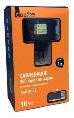 Carregador Rapido De Viagem 18w 1m V8 Basike Car-9001/v8