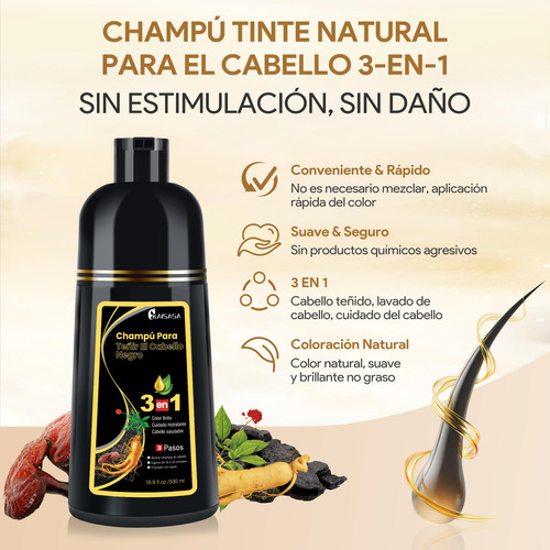 Black Hair Dye Shampoo 3 In 1, Shampoo Para Canas Con