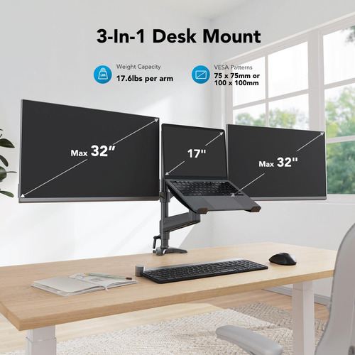 Soporte De Monitor Dual Con Bandeja Para Portátil Hasta 27 P