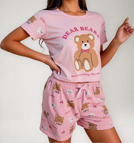 Pijama Mujer 3 Piezas Con Vestido Short Y Top Estampado
