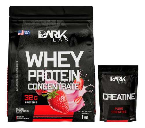 Whey Protein Concentrado 1kg + Creatina Pura 600g Sabor Morango