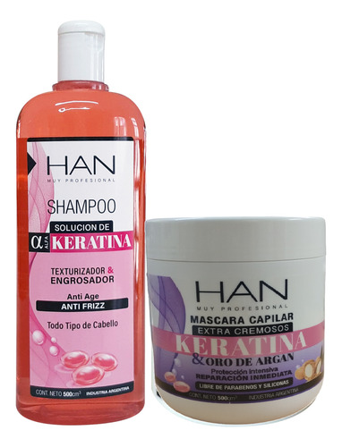 Han Shampoo + Mascara Keratina Fortalecedor +kit Peines