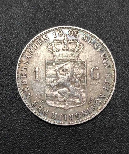 Moeda Antiga 1 Gulden 1909 Holanda Wilhelmina - Prata