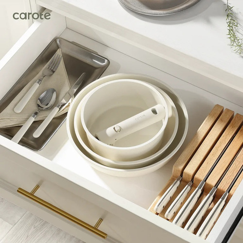 Bateria Cocina Antiadherente Carote 15 Pzas Extraible Mango Blanco