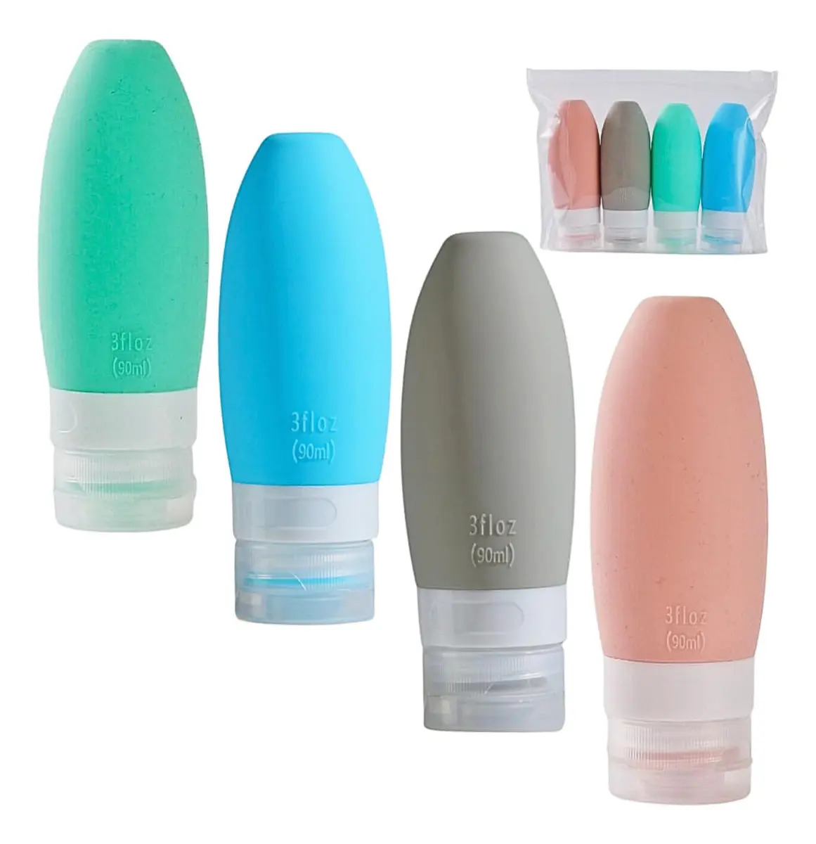 Botellas Silicona Set X4 Contenedores 90 ml Neceser Para Viaje Veoquiero