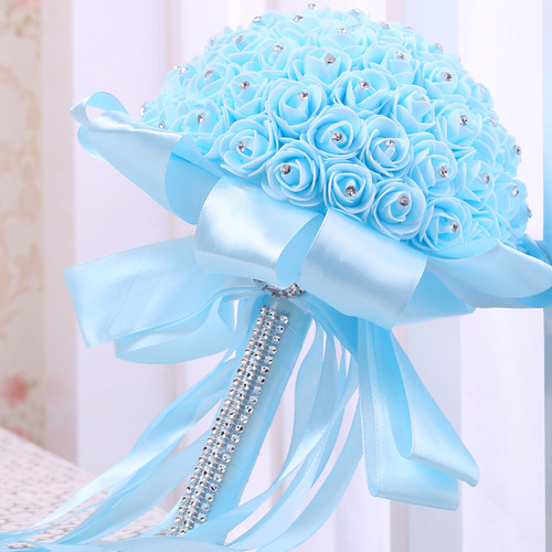 Buquê De Casamento De Rosas Artificiais Azuis Com Detalhes