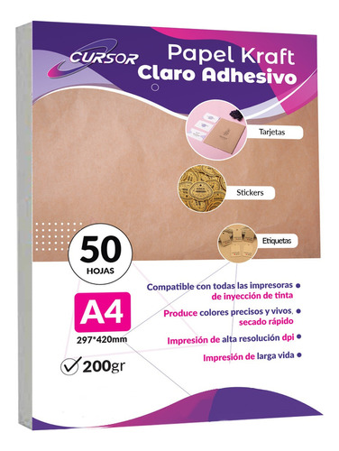 Papel Kraft Adhesivo Imprimible A4 200 Gr 50 Hojas Cursor