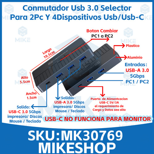 Hub Switch Usb 3.0 4 Puertos Usb / Usb-c Para 2 Pcs Laptops