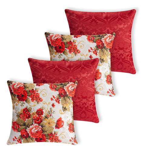 Kit 4 Capas De Almofada Jacquard Manchester Cor Floral Vermelho Estampado