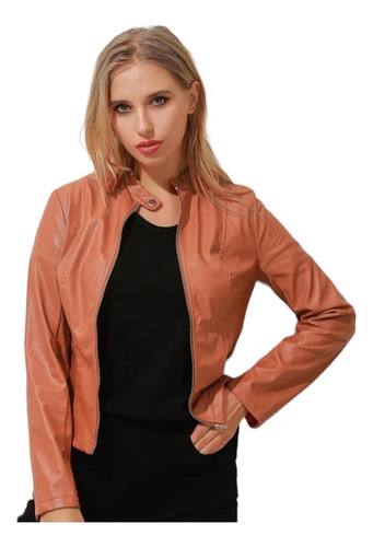 Chaqueta Casual Cuero Sintetico De Moda De Cuero Para Mujer Con Cremallera 