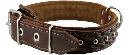 Piel Autentica Trenzada Studded Perro Collar, Cafe 1.5  Am