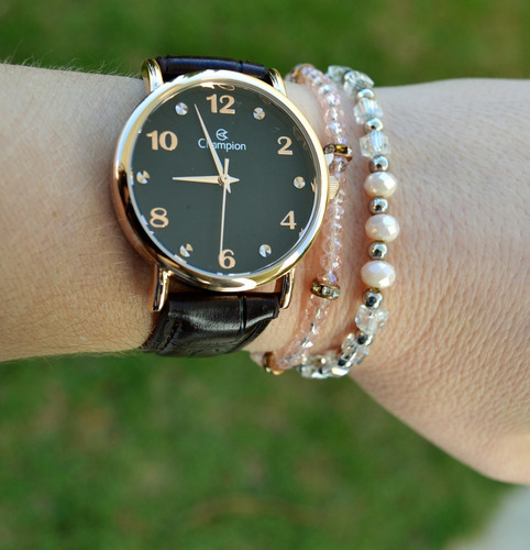 Relogio Champion Dourado Pulseira Couro Original