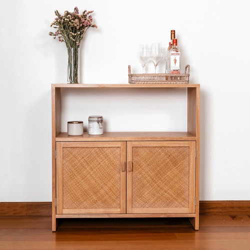 Bar Aparador Consola Comoda En Madera Y Rattan Mandela