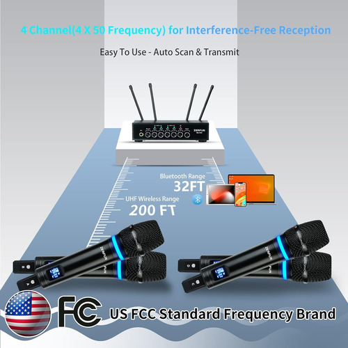 Zerfun Sistema De Micrófono Inalámbrico De 4 Canales Uhf ...