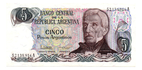 Billete 5 Pesos Argentinos, Bottero 2610a, Año 1984 Exc + 