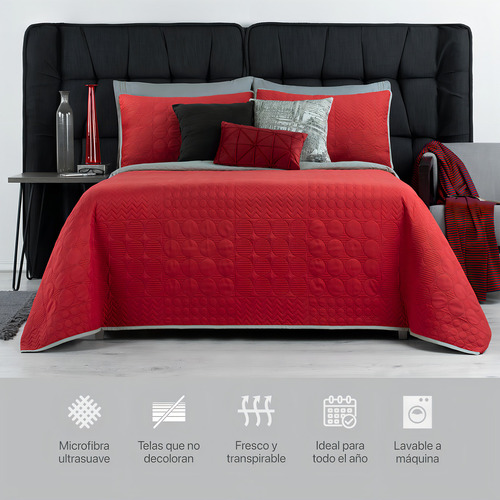 Edredón Ligero Doble Vista Real Textil + 2 Fundas de Almohada | Juego de Colcha Matrimonial, Color Rojo - Gris