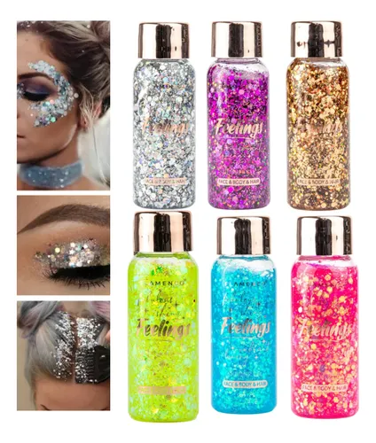 Pack 6 Glitter Gel Holográfico Brillo Cabello Rostro Cuerpo