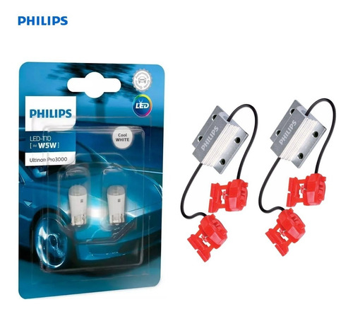Par Lampadas Philips Led Ultinon T10 W5w + Canceller