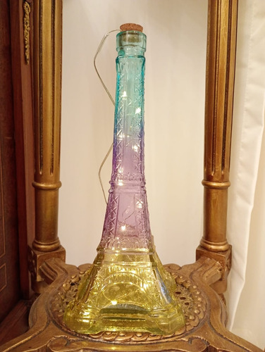 Velador De Vidrio Torre Eiffel Con Led Coral Claro Azul Acero