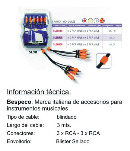 Cable 3 Rca A 3 Rca 5 Metros Bespeco Sl3r500 Profesional Nnv