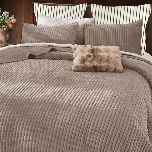 Colcha King Shalala De Terciopelo Ligero Rayas Taupe