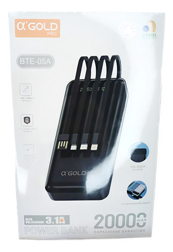 Power Bank 20.000 Mah Universal 4 Cabos Embutidos Qc 3.1a Cor Preto