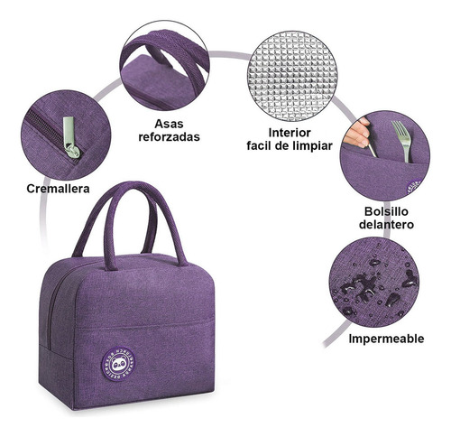 Lonchera Termica Bolsa Almuerzo Comida Lunch Escolar Oficina Portatil Kimhi Fiambrera Impermeable Aislamiento Frio Y Calor Color Morado