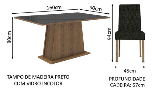 Sala Jantar Mesa Tampo Vidro 6 Cadeiras Stéfani Madesa Rpo Cor Rustic/Preto/Oxford Desenho do tecido das cadeiras Liso
