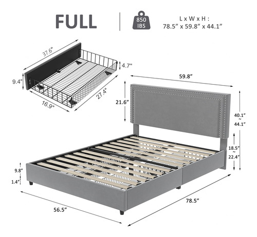Base De Cama Tapizada Matrimonial Con 4 Cajones Y Cabecera