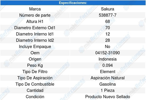 Filtro Aceite Toyota Highlander V6 3.5l 08-19 Sakura 8639896