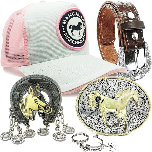 Kit Adulto Bone Cowgirl Mm Cinto Couro 2 Fivelas Chaveiro 