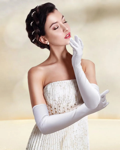 2 Piezas Guantes Largos Elegantes De Dama Satin Accesorio Dorado Lisa