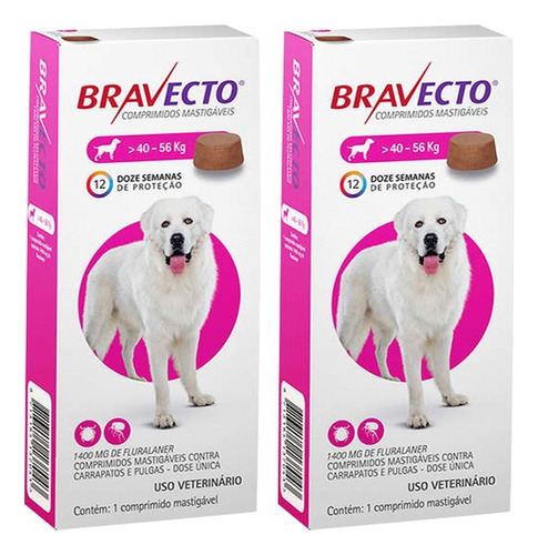 Kit 2 Antipulgas E Carrapatos Bravecto 1400mg 40 A 56kg Cor Rosa-claro