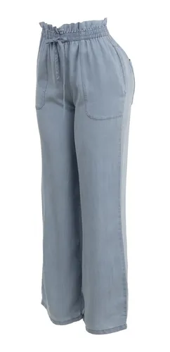 Pantalon Palazzo Denim Ligero Elastico Cintura Playa.