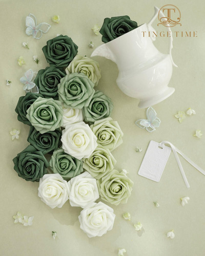 Tinge Time Flores De Rosas Verdes, 25 Piezas De Flores Artif